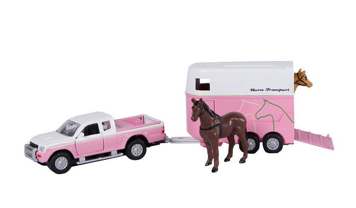 KIDS GLOBE DIE CAST PINK MITSUBISHI L200 WITH HORSETRAILER